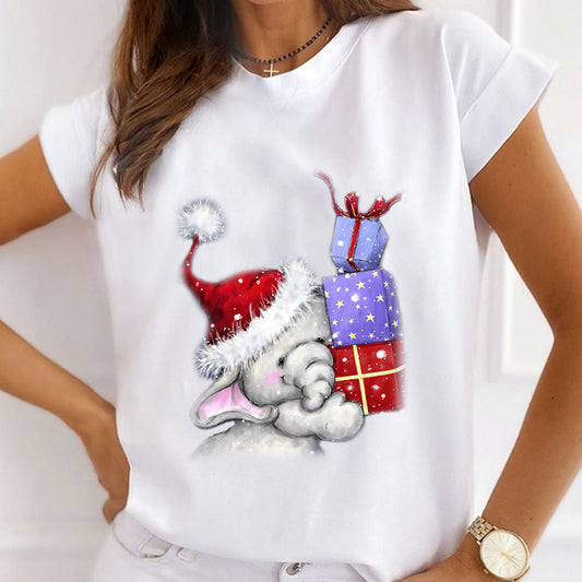 2021 Beautiful Christmas Women White T-Shirt H