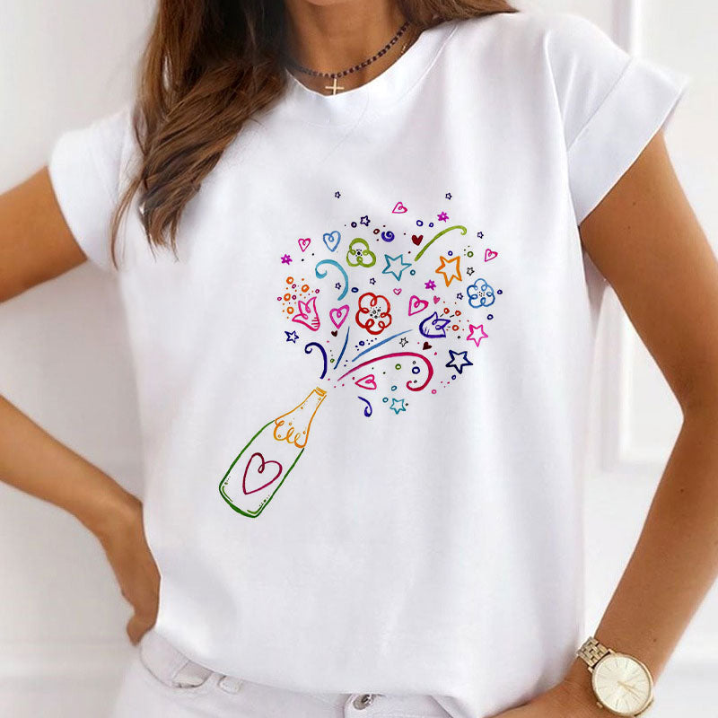 Style M£º Celebration With Fruit Champagne Women White T-Shirt