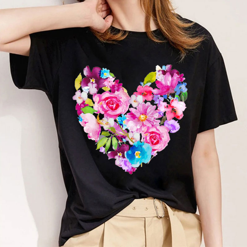 Style H：The Flower Is Full Of Love Femal Black T-Shirt