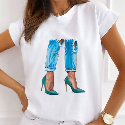Style L :   Flowers And High heels Female White  T-Shirt