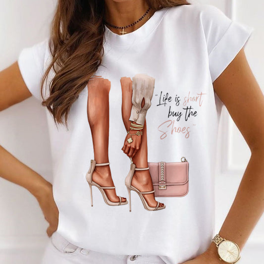 Fashion High Heel Woman White T-shirt