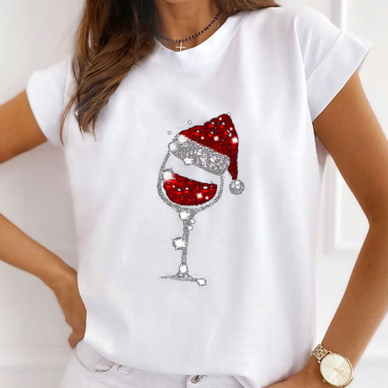 Lovely Printing Christmas Ladies White T-Shirt Q
