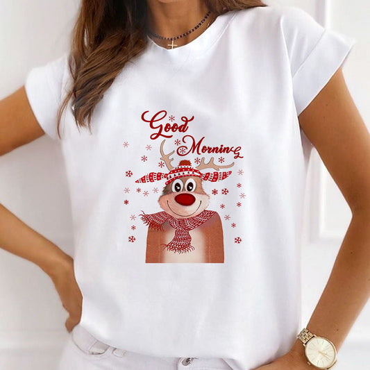 2021 Christmas Fashion Women White T-Shirt L